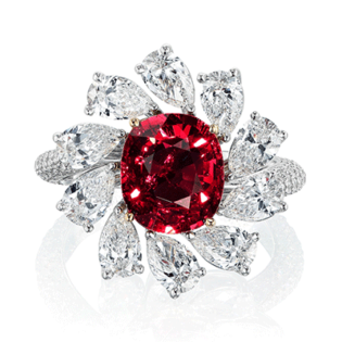 Ring with a 3.16-carat ‘No Heat’ Pigeon’s blood Mozambique ruby centre gem surrounded by diamonds. The ruby comes with a GRS report Goko Shokai Co Ltd
