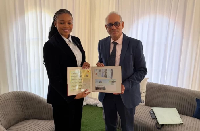 Bharat Diamond Bourse Postal Stamp presented to Hon. Bogolo Joy Kenewendo. Minister of Minerals and Energy, Botswana
