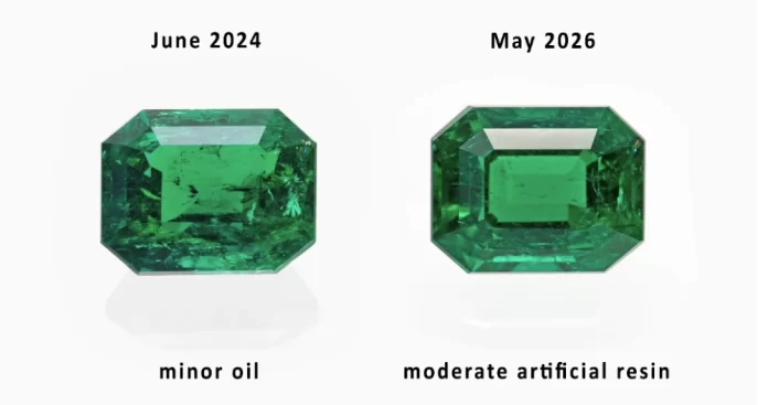 The same emerald photographed after testing in 2024 and 2026 by SSEF. Clearly, in the interim the stone has been cleaned and re-filled (with artificial resin) since it was first submitted to SSEF.