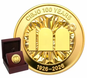 ‘The CIBJO Centenary Medal,’ designed by Reena Ahluwalia, symbolizing CIBJO’s role in navigating integrity, ethics and standards in the jewellery industry.