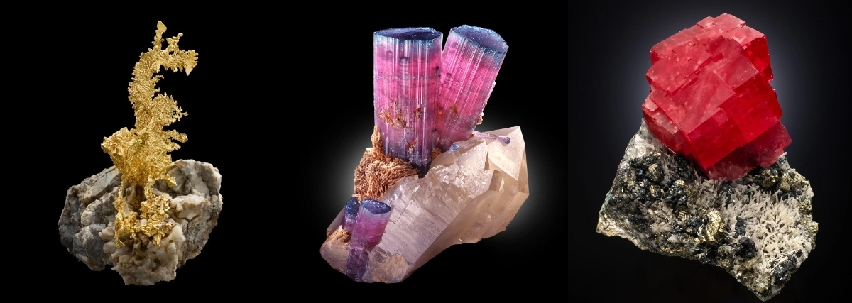 Mineralientage München, four of the most valuable 'gemstone' minerals ever found display at the Munich trade show & Gemworld Munich 2 Dragon Gold, RabbitEars Tourmaline, AlmaQueen Rhodochrosite.